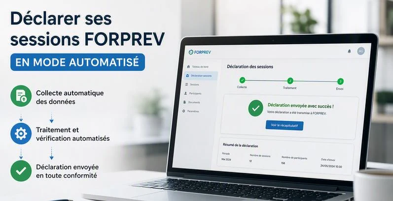 Infographie « Déclarer ses sessions FORPREV en mode automatisé » : un ordinateur portable affiche une déclaration de sessions envoyée avec succès, à côté des trois étapes — collecte automatique des données, traitement et vérification automatisés, déclaration envoyée en toute conformité