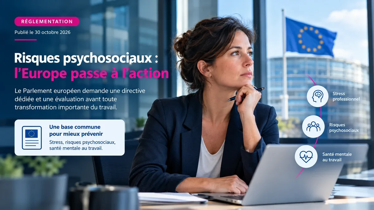 Visuel « Risques psychosociaux : l'Europe passe à l'action » : une responsable pensive à son bureau devant le Parlement européen et son drapeau, avec trois thèmes — stress professionnel, risques psychosociaux, santé mentale au travail — et l'encadré « Une base commune pour mieux prévenir »