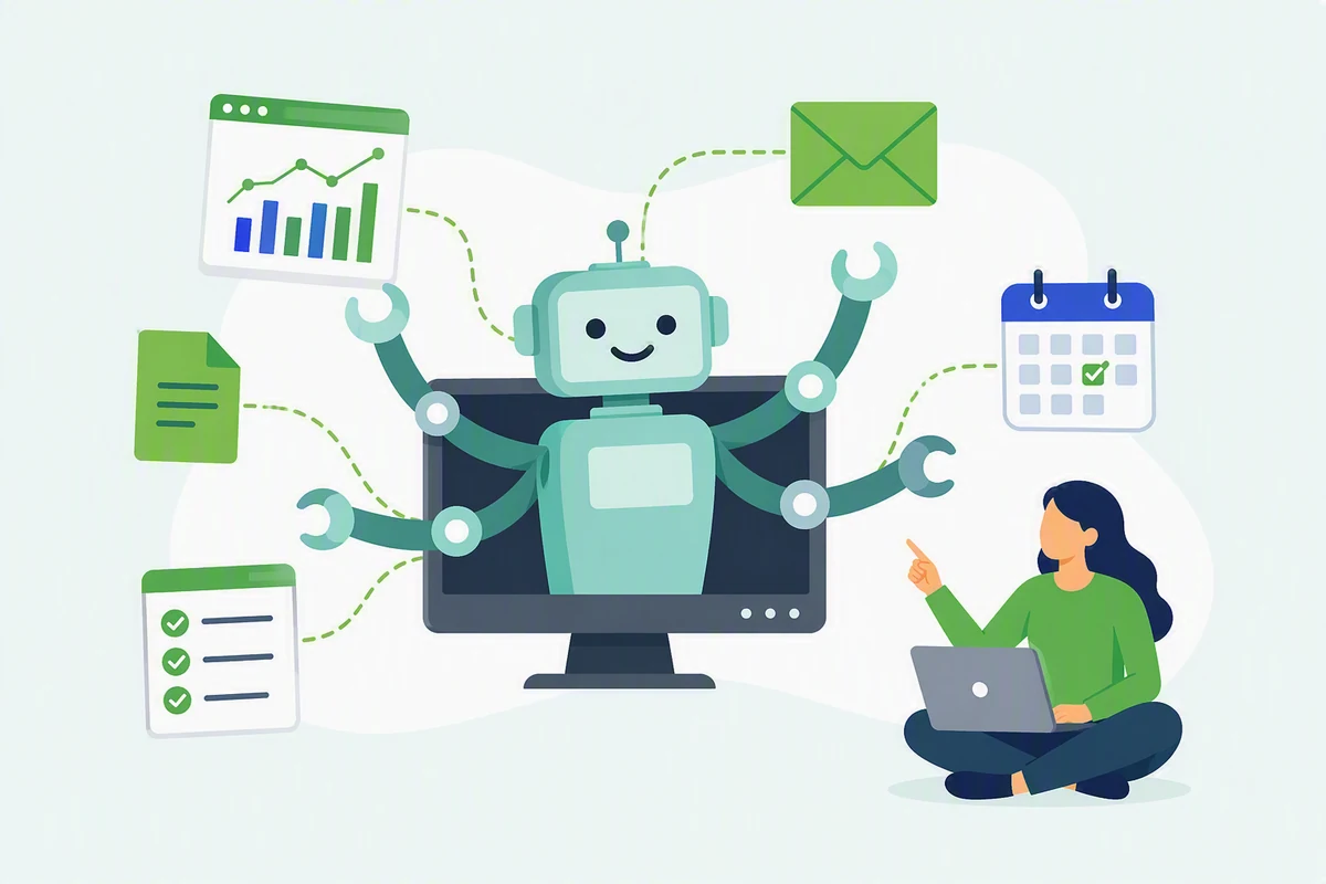 Illustration de l'administration de processus automatisés : un robot relie un tableau de bord, un email, un calendrier, un document et une liste de contrôle, pendant qu'une opératrice pilote l'ensemble depuis son ordinateur portable