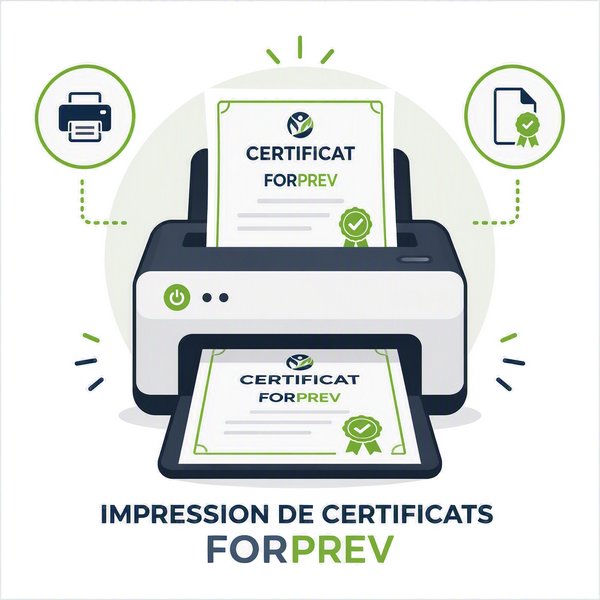 Illustration de l'impression des certificats FORPREV : imprimante délivrant des certificats au format carte